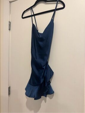 Satin Navy Cowl Neck Mini Dress with Ruffle Hem